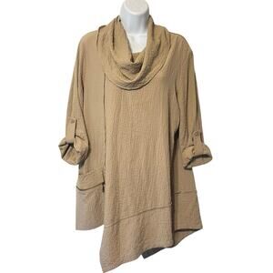 Ali Miles Tunic Top Tan Small Artsy Cowl Neck Lagenlook Pocket Asymmetric Hem